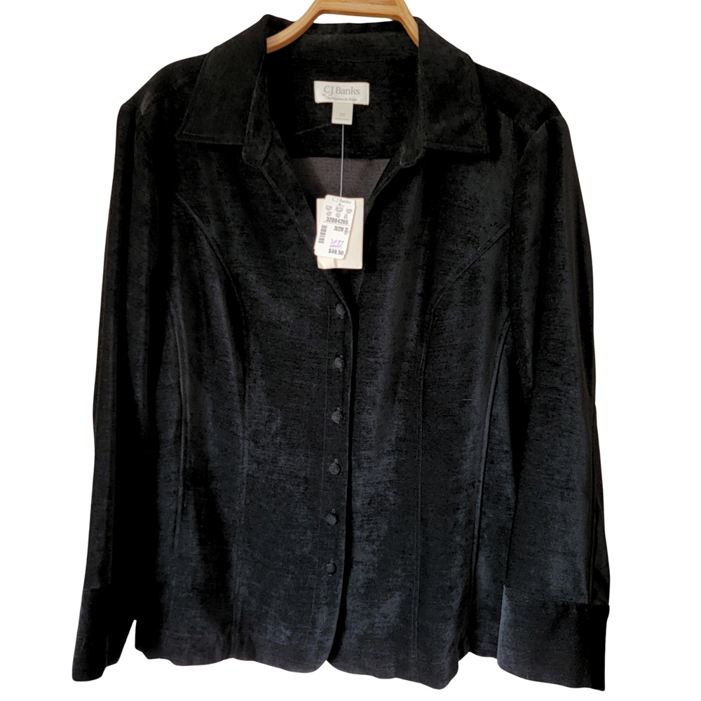 CJ Banks Elegant Black Velvet Button Down Blazer/Blouse Womens Plus Sz 2X NWT